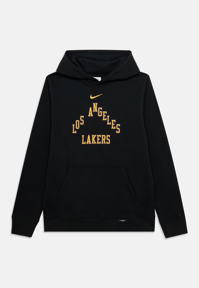 Melns kapučveida džemperis ar priekšējo kabatu, dzeltenu Nike swoosh un uzrakstu "Los Angeles Lakers" violets un dzeltens krāsā uz krūtīm.