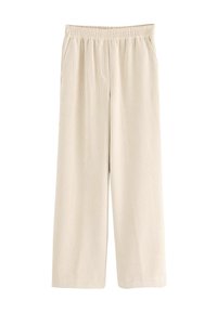 Pantalones de pierna ancha color beige claro con una textura acanalada, que cuentan con una cintura elástica y dos bolsillos laterales.