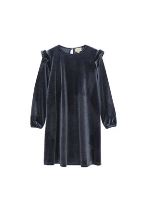 Navyblaues Samtkleid mit langen Ärmeln, Rüschendetails an den Schultern, rundem Ausschnitt und Knopfverschluss auf der Rückseite. Weicher Stoff und fließende Silhouette.