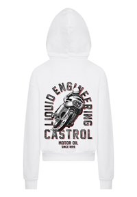 Weißer Hoodie mit einem grafischen Motiv eines Motorradfahrers und dem Text "LIQUID ENGINEERING CASTROL MOTORÖL SEIT 1899" in Schwarz und Rot.