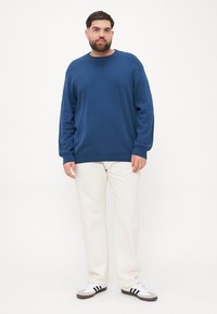 Pull bleu à col rond, manches longues, associé à un pantalon crème clair et des baskets blanches avec des rayures noires. Design simple, texture douce.