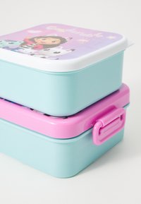 Ένα σωρό από δύο ορθογώνια ταπεράκια για μεσημεριανό. Το επάνω ταπεράκι είναι ανοιχτό μπλε με ένα πολύχρωμο καπάκι κόμικ, ενώ το κάτω ταπεράκι είναι ροζ με μπλε κούμπωμα και λεία υφή.