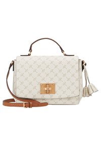 Borsa bianca testurizzata con un motivo in rilievo, hardware dorato e una tracolla regolabile marrone. Presenta una chiusura frontale e tassel decorativi.