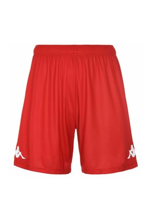 Shorts sportivi rossi realizzati in tessuto liscio, con una fascia elastica in vita e accenti bianchi del logo su ogni gamba.