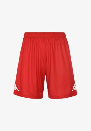 Shorts sportivi rossi realizzati in tessuto liscio, con una fascia elastica in vita e accenti bianchi del logo su ogni gamba.