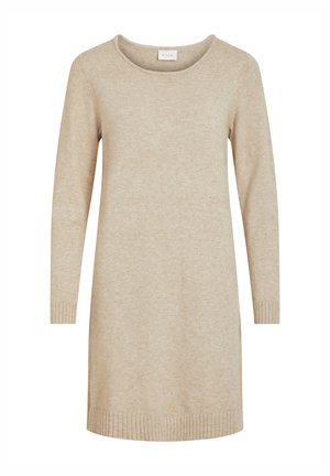 Vestido de punto beige con escote redondo, mangas largas y puños y dobladillo acanalados. Textura suave y corte casual. Etiqueta de la marca visible.