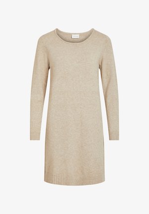 Bež obleka iz pletene tkanine z okroglo ovratnico, dolgimi rokavi in rebrastimi manšetami ter robom. Mehak material in sproščen kroj. Oznaka blagovne znamke je vidna.