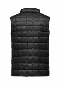 Gilet imbottito black trapuntato con colletto alto, caratterizzato da sezioni rettangolari e una texture liscia e lucida. Senza chiusure o tasche visibili.