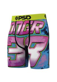 Fargerike boksershorts med grafisk design som har rosa og blå farger, en svart meshpanel og en gul midjebånd med "PSD"-logo.
