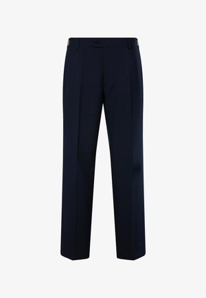 Pantalones ajustados azul marino hechos de una tela suave, con corte recto, cierre de botón y pliegues sutiles para mayor estructura.