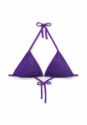 Top de bikini triangular púrpura con textura brillante, tirantes ajustables y diseño en un solo color. Cuenta con un detalle de lazo central en la parte posterior.