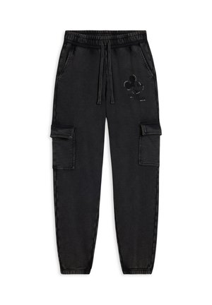Pantalones cargo negros de tela suave, con cintura elástica, cordón, bolsillos laterales y un logo de Mickey Mouse de strass.