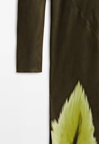 Long, dark olive dress with green feather-like pattern at the hem. Smooth texture and fitted sleeve design.
