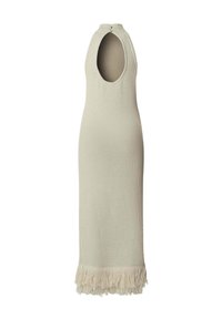 Vestido maxi de punto beige sin mangas con cuello alto, abertura en la espalda en forma de ojo de cerradura y dobladillo con flecos.