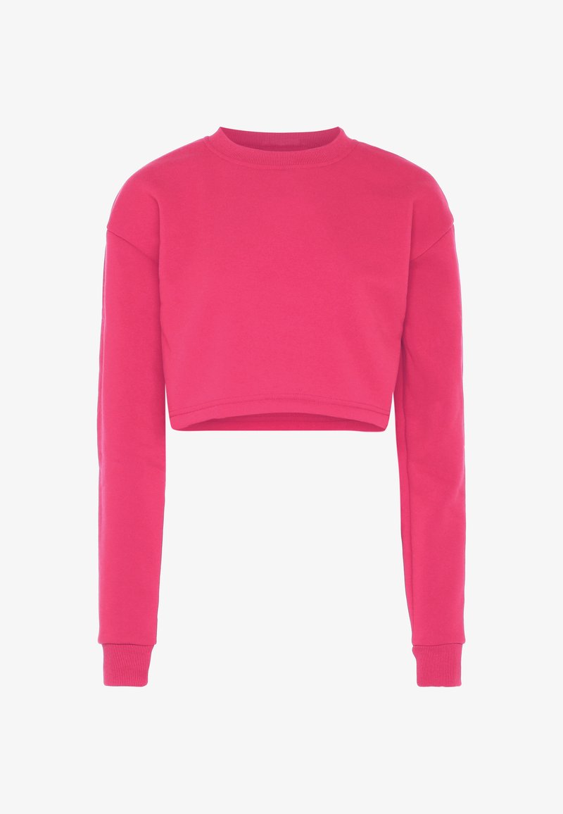 Felpa corta di un brillante colore rosa con maniche lunghe e polsini a coste, esposta su sfondo bianco.