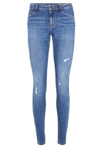 Tajta jeans, blå denim, midje i medelhöjd, med subtila blekningar och slitna detaljer, ankel-längd. Standard femficksdesign.