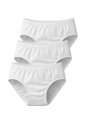 Three white cotton briefs stacked, showing front view with elastic waistbands and leg openings on a plain background.