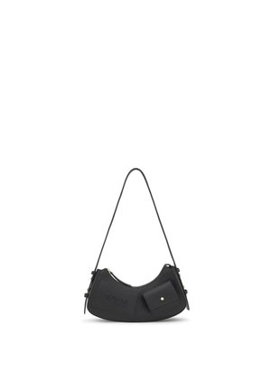 Black crescent-shaped handbag with long strap, front patch embossed with "TOUS," and small buttoned pocket on front.
