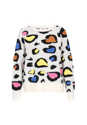 Biały sweter dziany z wielokolorowym sercem i abstrakcyjnymi kształtami w odcieniach różu, żółci, niebieskiego, pomarańczowego i czarnych akcentach, z okrągłym dekoltem i ściągaczami przy rękawach.