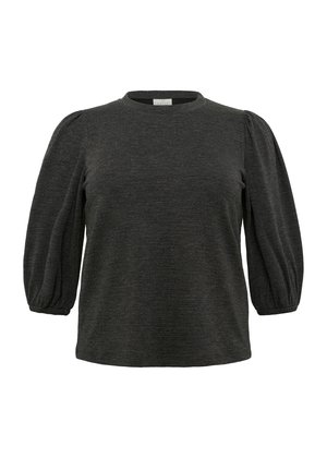 Top gris oscuro con una tela texturizada, escote redondo y mangas abullonadas. Presenta un ajuste relajado y puños elásticos.