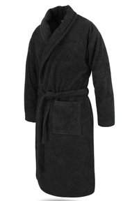 Schwarzer Bademantel aus Frottee mit Schalkragen, tailliertem Gürtel, langen Ärmeln und einer Fronttasche. Weiche Textur mit saugfähigem Finish.