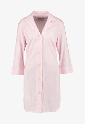Pink and white striped nightgown with a collar, button front, three-quarter sleeves, side pocket, and contrasting piping detail.