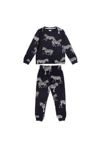 Marinblå pyjamasset med långärmad topp och byxor med elastisk midja, prydd med ett vitt zebramönster. Tillverkad av mjukt och lätt tyg.