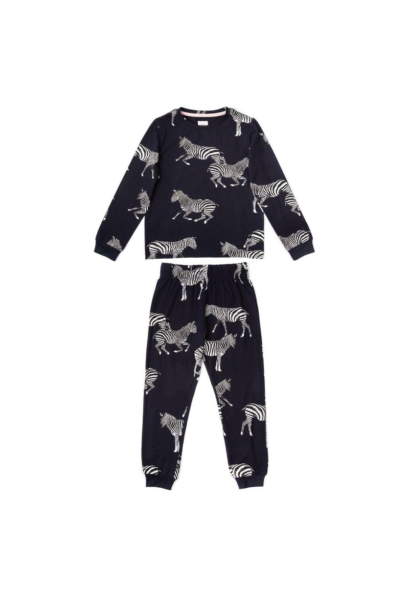 Marinblå pyjamasset med långärmad topp och byxor med elastisk midja, prydd med ett vitt zebramönster. Tillverkad av mjukt och lätt tyg.