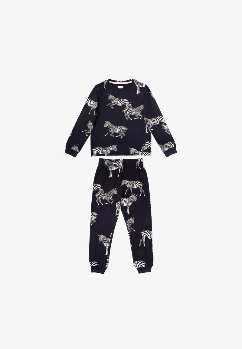 Navy pajama set with long-sleeved top and elastic waist pants, featuring a white zebra print. Made of soft, lightweight fabric.