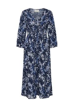 Tmavě modré květinové šaty s výstřihem do V, dlouhými rukávy a nařaseným pasem, zdobené bílými a modrými vzory na lehké látce. Středně dlouhý střih.