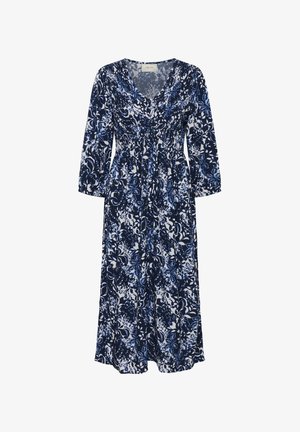 Tumesinine lilleline kleit V-kaelusega, pika varrukaga ja lõimega vöökohas, valgete ja siniste mustritega kergel kangal. Keskmise pikkusega disain.