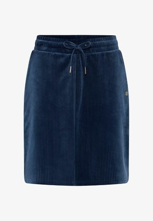 Falda de pana en color navy con cintura ajustable por cordón, que presenta una textura de costillas verticales y un pequeño logo metálico en el lateral.