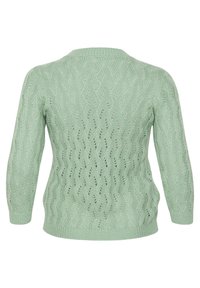 Pull tricoté vert clair avec un motif en vagues et des mailles ajourées. Il présente un col rond et des manches trois-quarts.
