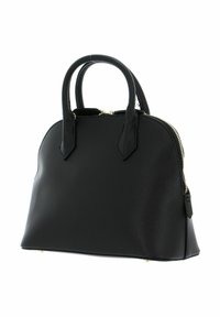 Sac à main synthétique noir de forme arrondie, avec deux poignées supérieures, une fermeture éclair et des accents en métal doré. Fini texturé.