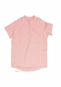 Ljust rosa kortärmad topp i andningsbart material, med hög krage och dragkedja fram, platta sömmar och böjd nederkant.