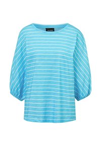 Hellblau gestreifter Oberteil aus weichem Stoff. Hat einen runden Ausschnitt und lockere, gepuffte Ärmel für eine lässige Passform. Weiße horizontale Streifen.