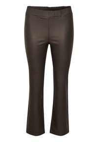 Pantalons marron ajustés avec une large ceinture élastique, fabriqués dans un matériau lisse et extensible ; avec des chevilles évasées et un design sans coutures.