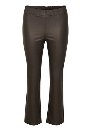 Pantalons marron ajustés avec une large ceinture élastique, fabriqués dans un matériau lisse et extensible ; avec des chevilles évasées et un design sans coutures.
