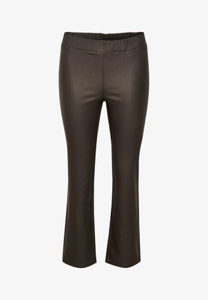 Pantalons marron ajustés avec une large ceinture élastique, fabriqués dans un matériau lisse et extensible ; avec des chevilles évasées et un design sans coutures.
