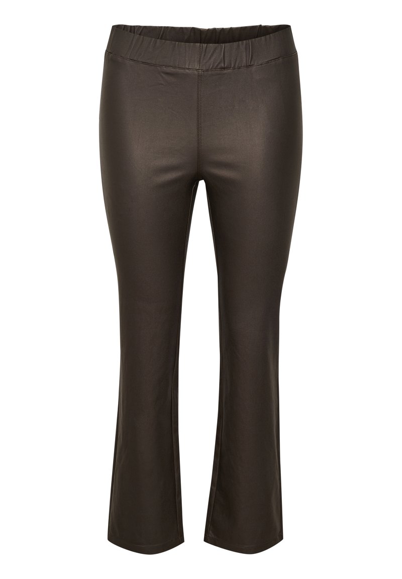 Pantalons marron ajustés avec une large ceinture élastique, fabriqués dans un matériau lisse et extensible ; avec des chevilles évasées et un design sans coutures.