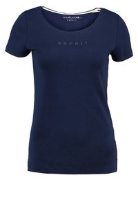 Námořnická modrá tričko s krátkým rukávem vyrobené z měkké látky, s kulatým výstřihem a slovem "ESPRIT" z kamínků na přední straně.