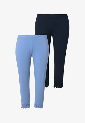 Zwei Paare Capri-Hosen: eine hellblaue und eine marineblaue, beide mit einem dehnbaren Bund und Spitzenbesatz am Saum.
