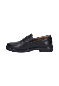Czarne skórzane buty loafersy z gładką powierzchnią, przeszyciami, okrągłym czubkiem oraz niskoprofilową gumową podeszwą.