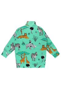 Grön fleecejacka med djurmönster: tigrar, zebror, giraffer och noshörningar. Långa ärmar med krage, mjukt material.