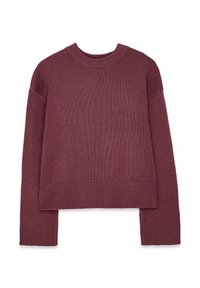 Burgunderfarbener Strickpullover mit Rundhalsausschnitt, überschnittenen Schultern und geripptem Saum sowie Bündchen; verkürztes Design mit strukturiertem Stoff.