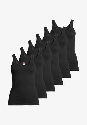 Schwarzes Set aus sechs Tanktops aus dehnbarem Stoff. Verfügt über dünne Träger, einen tiefen Ausschnitt und nahtlose Seiten für eine glatte Passform.
