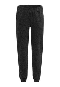 Graue Jogginghosen aus weichem Stoff, mit einem elastischen Bund und Bündchen am unteren Saum für eine entspannte Passform. Keine Taschen sichtbar.