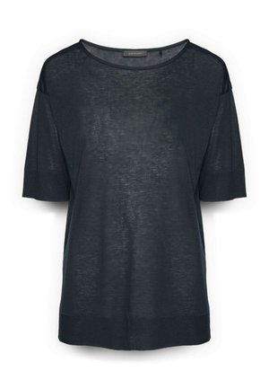 Top leggero a maniche corte in maglia di colore blu navy scuro, con scollo rotondo e polsini e orlo a coste.