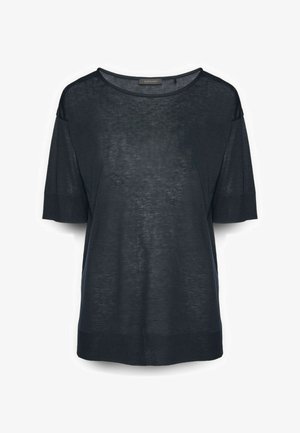 Dunkel marineblaues, leichtes Strick-Oberteil mit kurzen Ärmeln, Rundhalsausschnitt sowie gerippten Bündchen und Saum.