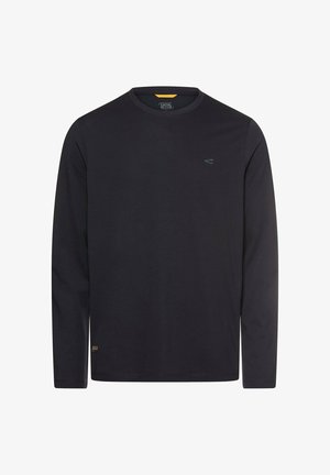 Zwart shirt met lange mouwen en een ronde hals, gemaakt van zacht katoen, met een klein donkerblauw logo op de borst en een geel accent aan de binnenkant van de kraag.